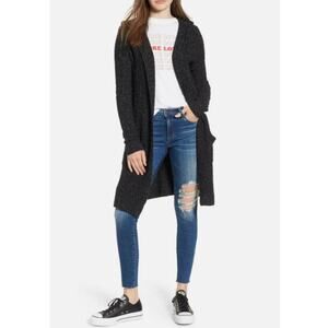 NEW BP. NORDSTROM Women's Black Marled Hooded Open Front Long Cardigan Size XS